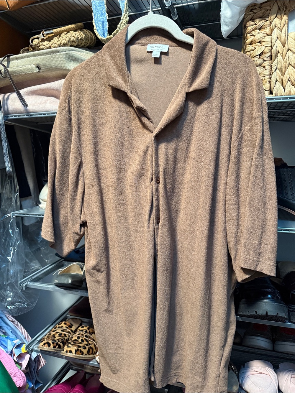 Sunspel Short-Sleeve Terry Button-Up in Camel Brown